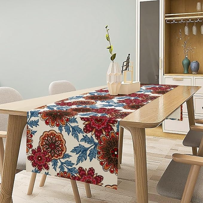 Mandala Flower Table Runner, Vintage Oriental Exotic Native Red Floral Blue Branch Leaves Botanical Print Table Runner for Farmhouse Kitchen Dining Table Decor, 13x70inch