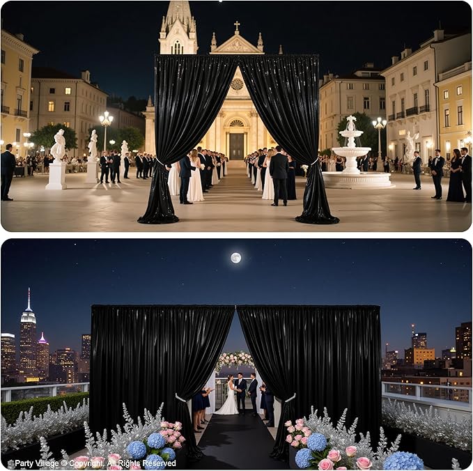 PartyVillage 10x10FT Black Sequin Backdrop Curtain -2 Panels 5x10FT Wrinkle Free Shimmer Back Drop Cloth, Glitter Backdrop Drapes for Photography, Birthday, Wedding, Graduation Background