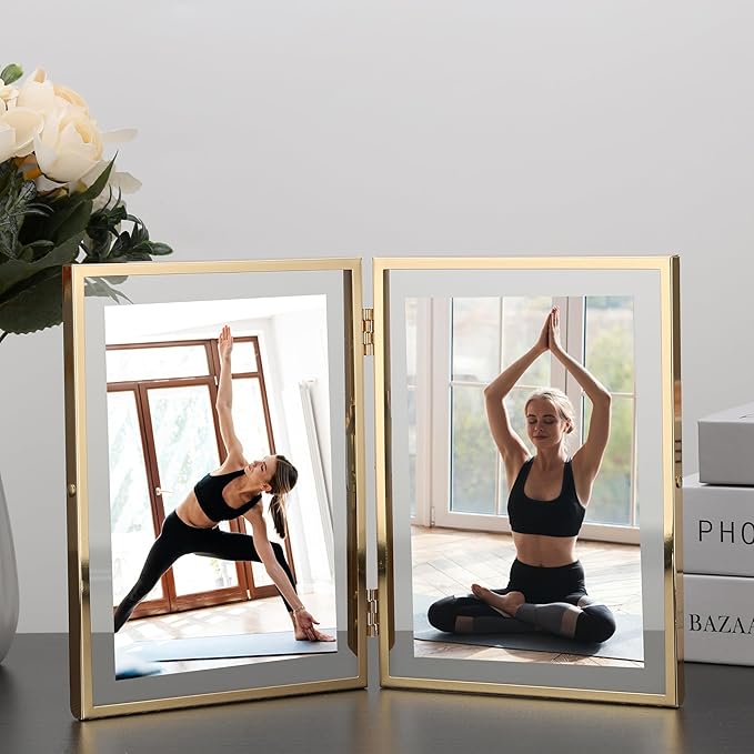 Gold 5x7'' Double Floating Frame For Photo Sizes 3.5 x5'', 4x6'',5x7''Gold Plated Metal double Photo Frames For Counter Shelf Display,Gift Choice for Wedding,Thanksgiving,Home or Office Decor.