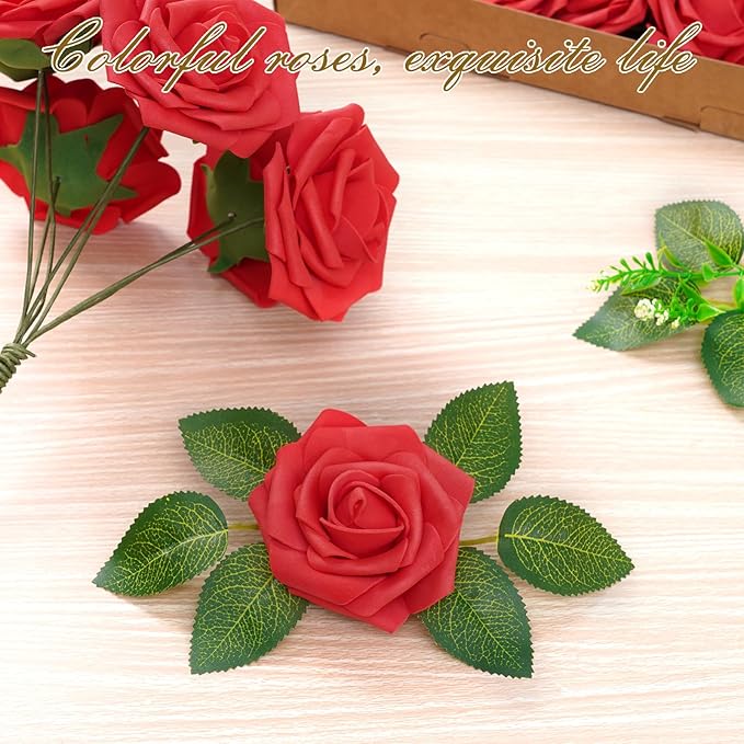 BLEUM CADE 16Pcs Artificial Flowers Fake Roses with Stems, Red Boxed Foam Roses for DIY Bouquets Centerpieces Wedding Party Arrangement Bridal Shower Decor