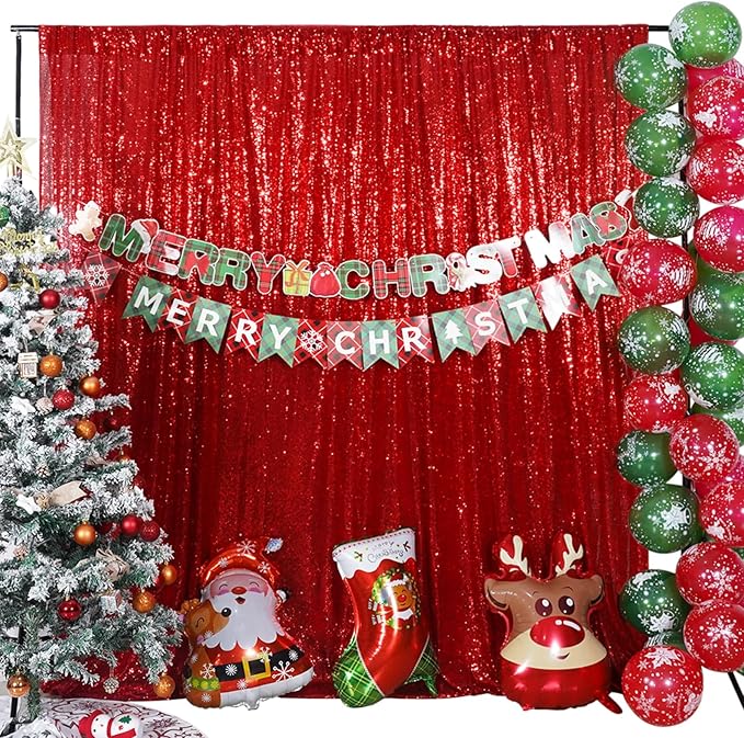 Poise3EHome Red Sequin Backdrop,7FT x 7FT Sequin Photography Backdrop Curtain for Party Decoration