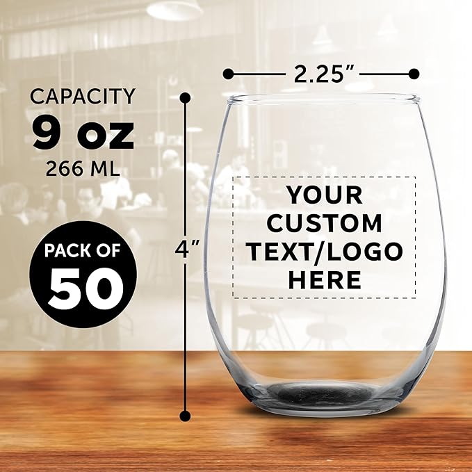 Custom Stemless Wine Glass 9 oz. Set of 50, Personalized Bulk Pack - Great for Wedding Favors, Bachelorette Party Decorations, Party Favors, Color Bottom - Black