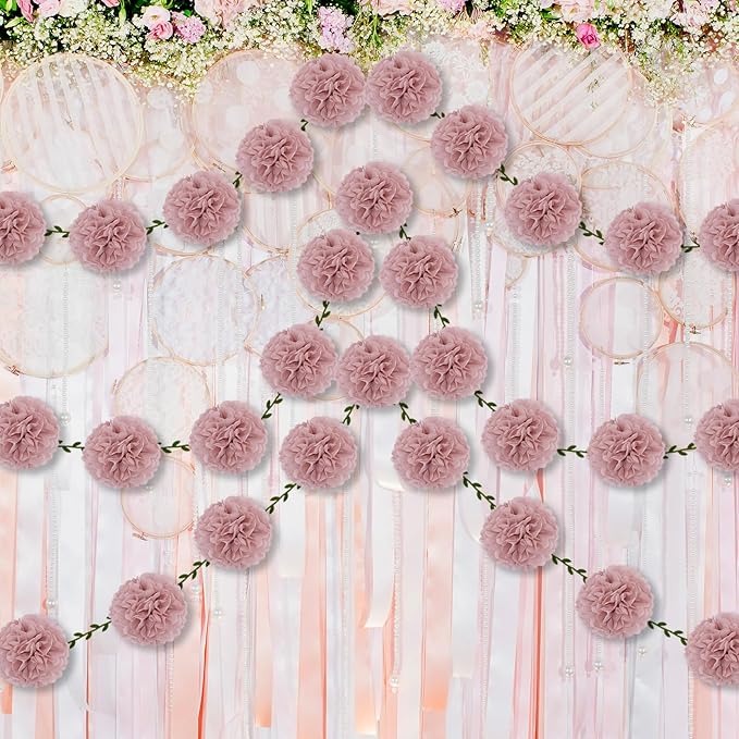 2 Pack Rose Pink Tissue Paper Pom Pom Garlands Hanging with Cloth Vine for Nature Garden Fence Birthday Paty Decorations, 6.6Ft Length