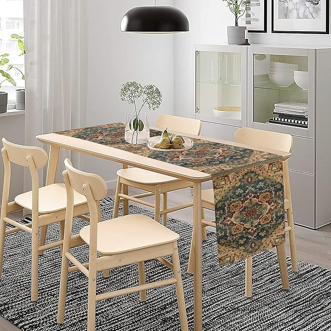 Boho Bohemia Style Table Runner, Country Rustic Farmhouse Vintahe Colorful Geometry Print Table Runner for Home Kitchen Dinner Party Holiday Decor, 13x90inch