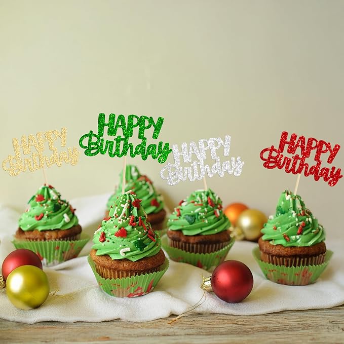 Gyufise 24Pcs Happy Birthday Cupcake Toppers Glitter Birthday Cupcake Food Picks for Celebrating Happy Halloween Theme Party Cake Decorations Supplies Silver Red Green Gold