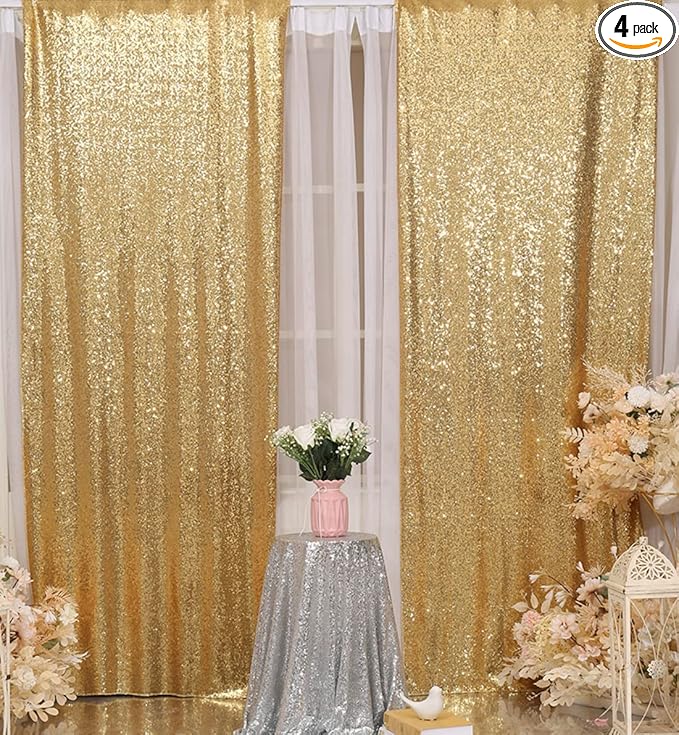 Poise3EHome Gold Sequin Backdrop Curtain, 4 Pieces 3FT x 8FT Sequin Backdrop Panels, Sequence Wedding Party Background Drapes