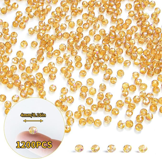 1200 Pcs 4mm Round Crystal Glass Beads for DIY Jewelry, Ideal for Bracelets, Necklaces, Pendants, and Handmade Craft Projects(Gold Champagne)