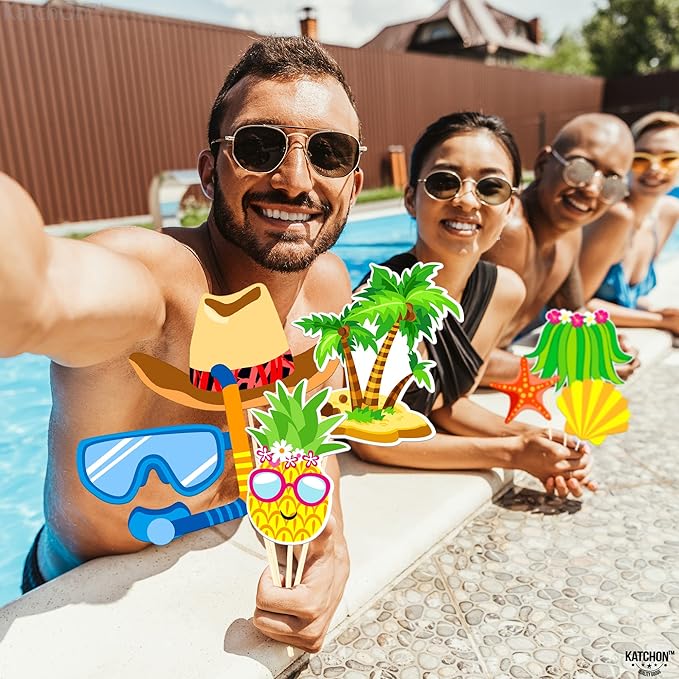 KatchOn, Tropical Hawaiian Photo Booth Props - Pack of 50, Luau Party Decorations | Luau Photo Booth Props for Hawaiian Party Decorations | Luau Photo Props, Aloha Party Decoration, Summer Party Décor