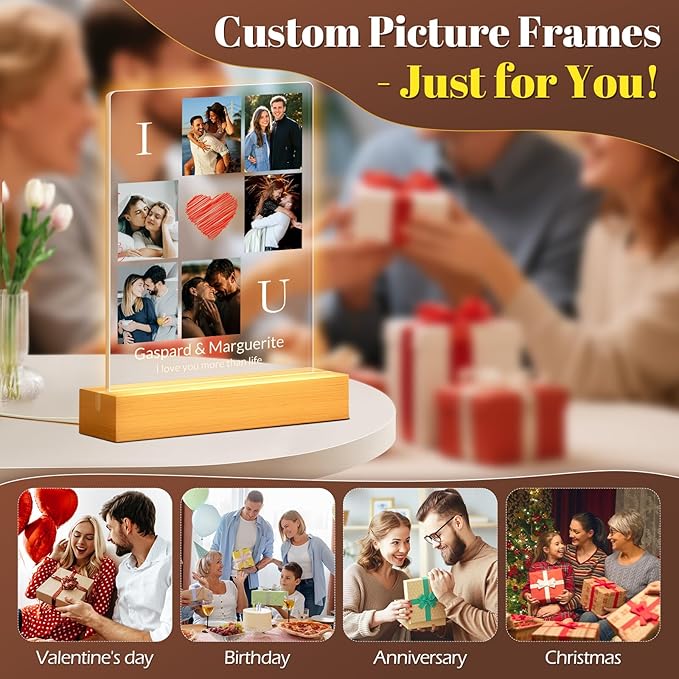 Personalized Photo Frame with Night Light, Custom Picture Frames with Photo, Customized Acrylic Plaque Frame, Personalized Anniversary Birthday Gifts for Women, Men, Him, Her, Couple, Husband, Wife