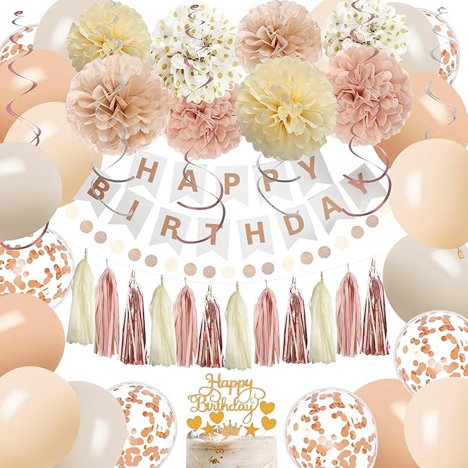 Rose Gold Birthday Party Decorations Kits with Happy Banner,Cake Topper,Hanging Swirls,Tissue Paper Pompoms,Paper Tassels Garland,Confetti Balloons for Women Girls Birthday Party