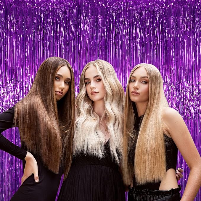 3 Pack 3.3 x 6.6 ft Purple Foil Fringe Backdrop Curtains, Tinsel Streamers Party Decorations, Fringe Backdrop for Birthday, Baby Shower, Gender Reveal, Graduation
