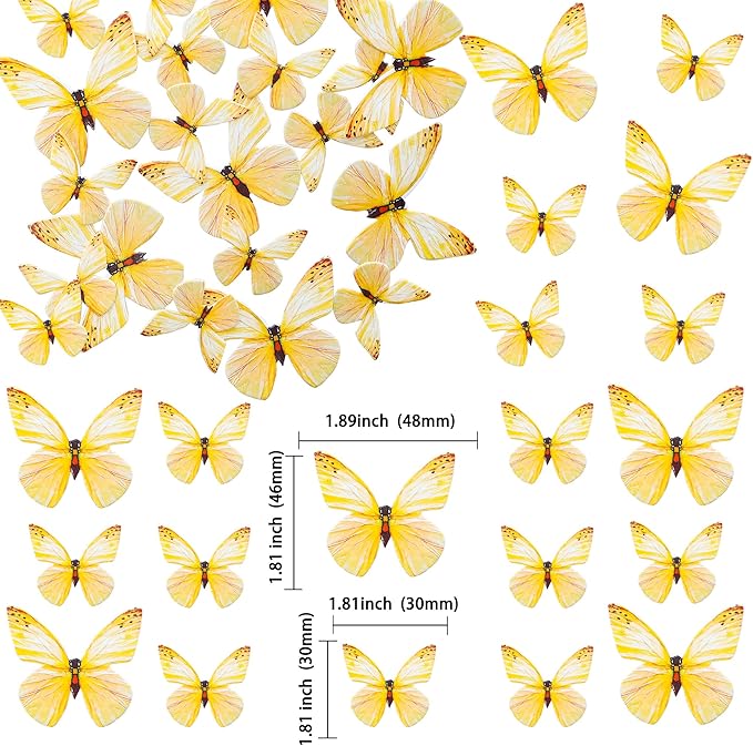 Ephlyn 72Pcs Edible 3D Realistic Cupcake Toppers - Cute Butterfly Cake Picks for Baby Shower, Boys Girls Birthday Party Decorations - Yellow