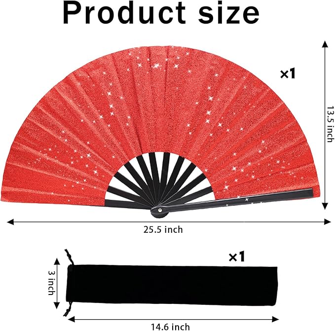 Glitter bling Large Folding Fan-Hand Fan Rave Clack Popping Fan for Line Dancing Clacking Fans for Boots On The Ground Dance, Party for EDM, Music Festival, Hot Flashes, Party, Decoration(1pcs red)