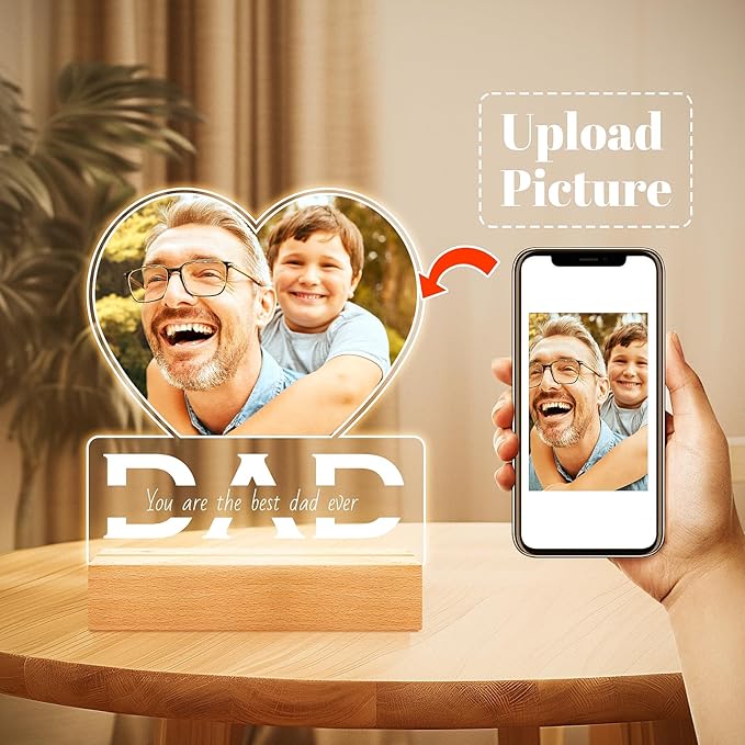 Personalized Photo Gifts for Dad from Daughter and Son, Personalized Picture Frame with Night Light, Custom Acrylic Plaque Photo Frame, Customized Dad Birthday Gifts for Baby Kids Family
