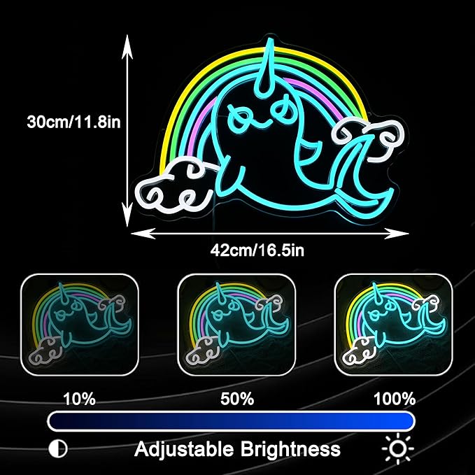 Rainbow Narwhal Neon Sign Dreamy Narwhal Led Sign Dimmable Rainbow Cloud Light up Sign Cute Fish Neon Light Decor for Bedroom Living Room Girl Dorm Shop Birthday Party Wedding Cartoon Lover