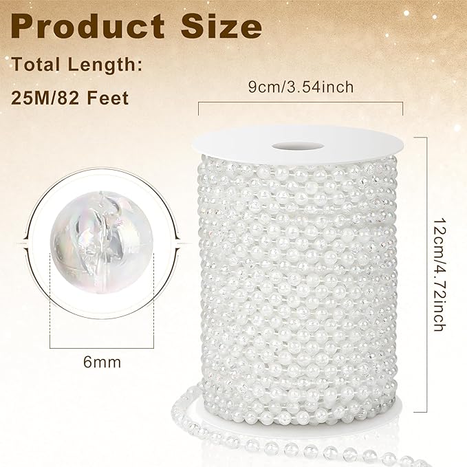 Pearl Beads Garland, 6 MM Clear Faux String of Pearls, Pearl Garland for Christmas Tree 82FT Pearl Beads Strand Spool Bead Roll for Crafts Floral Centerpieces Wedding Party Christmas Tree Decorations