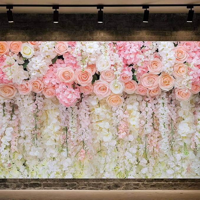 8x6ft Pink Rose Flower Wedding Photography Backdrop Spring Floral Photography Backdrop Valentine's Day Mother's Day Girl Birthday Baby Shower Wedding Bridal Party Banner Photo Booth Props Background