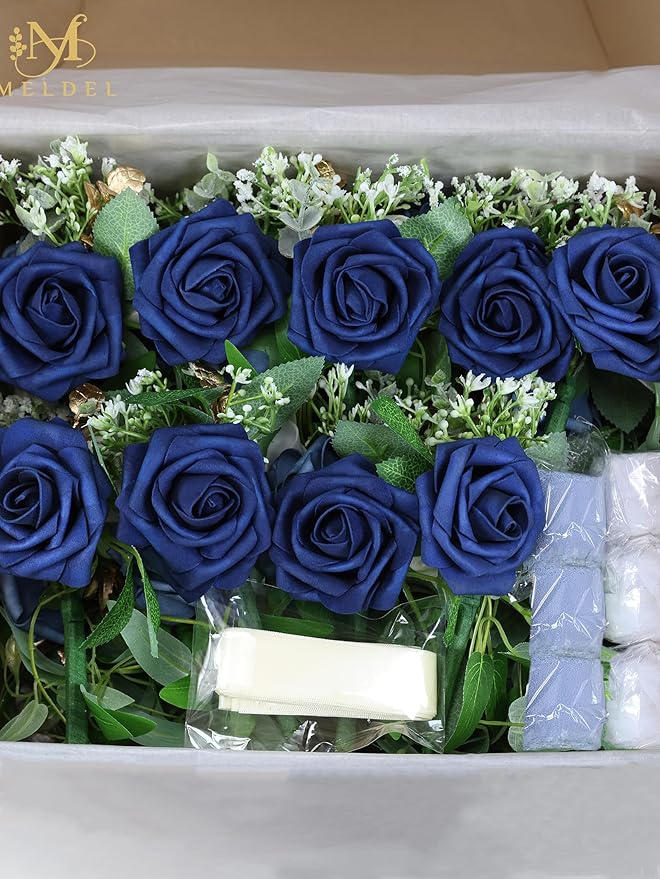 Meldel 10Pcs Elegnat Wedding Chair Back Decorations Aisle Artificial Blue White Rose Flowers Garland with Ribbion for Ceremony Reception and Reception Seating Arrangements Party Outdoor Decor