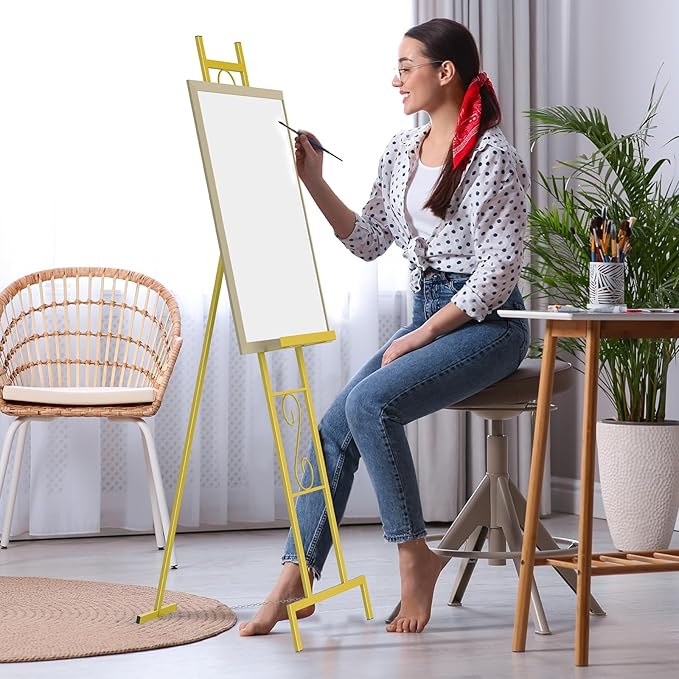Skcoipsra 58IN Gold Easel Stand for Sign, 3 Tier Adjustable Larger Wedding Welcome Sign Holder, Art Poster Display Stand Free Standing with Chain, 17x17x58 Inch