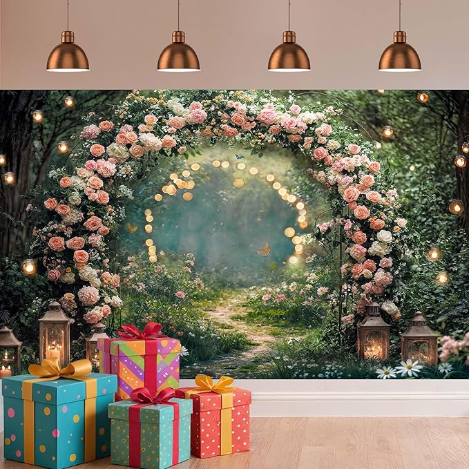 10x8ft Enchanted Forest Wedding Photography Backdrop Wonderland Roses Fairy Tale Backdrop Pink Flower Birthday Newborn Baby Shower Wedding Bridal Party Banner Photo Booth Props Anniversary Background