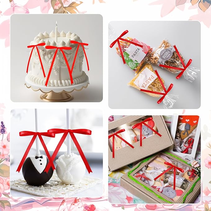 Riceshoot 100 Pcs Twist Tie Bows Bulk 5x7 Inch Satin Ribbon Bows for Gift Wrapping Cake Treat Bags Craft DIY Gift Wedding Baby Shower Birthday Party (Red)