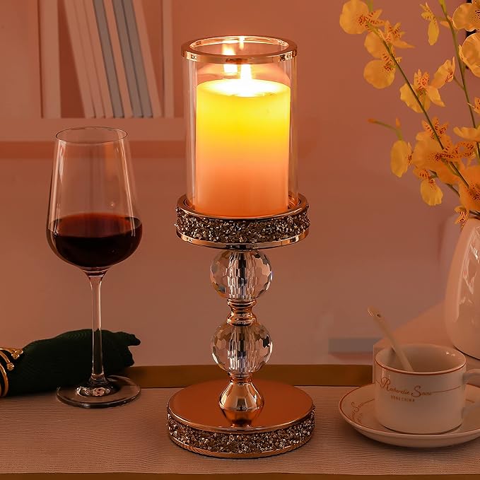 Pillar Candle Holder, 13 Inch Crystal Candlesticks for 3''X5'' Candles, Dining Coffee Table Decor, Wedding, Events, Parties - Glass and Gold Finish