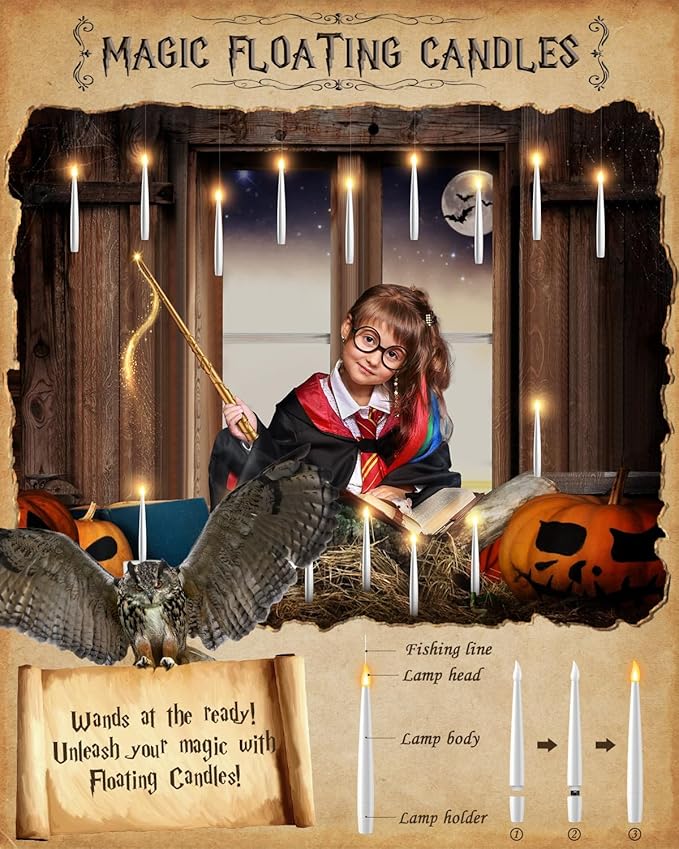Floating Candles with Wand - 12 Pack Halloween Decorations Magic Flameless Candles Flickering Warm Light LED Hanging Candle Remote, Battery Operated Candles for Christmas Outdoor Indoor Party Decor