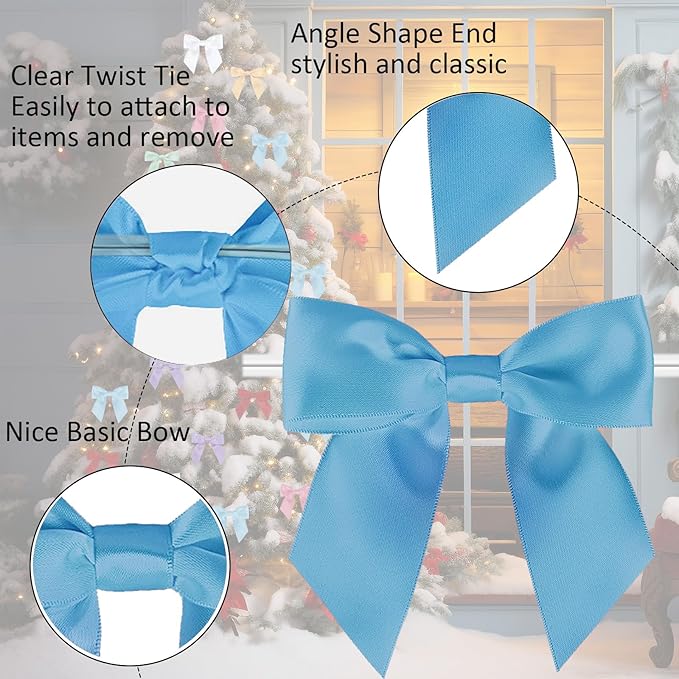 114 Pack Twist Tie Bows for Treat Bags 3" Sky Blue Satin Ribbon Bows for Package Craft, Gift Wrapping Decoration, Candy Bags, Bakery Bags, Wedding, Baptism, Tableware Decor Party Decoration