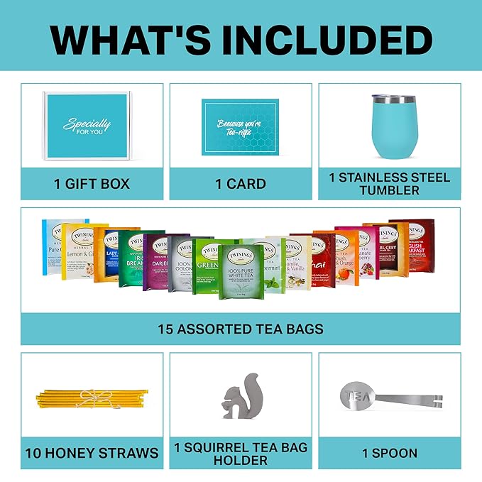 Tea Gifts for Women – Sampler Gift Basket with 15 Unique Blends, Honey Sticks, Stainless Tumbler & Gift-Ready Box (Teal)