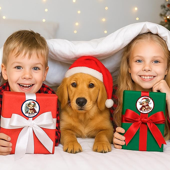 Personalized Christmas Stickers - Custom Name Waterproof Christmas Gift Tags for Gift Box Xmas Holiday Decorations Party Favors - 30 Stickers (Cow)