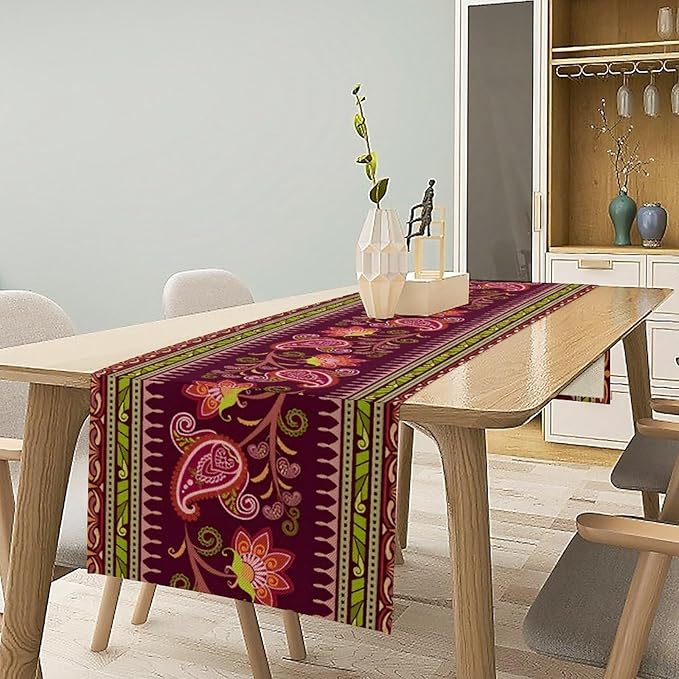 Dark Red Paisley Table Runner, Vintage Boho Paisley Flowers Geometric Print Table Cover for Farmhouse Wedding Party Home Kitchen Dining Table, 13x108inch