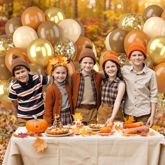 Fall Balloons, 52 PCS Brown Burnt Orange Autumn Balloons with Pumpkin & Maple Leaf Printed Balloon, Brown Sand White Balloon for Thanksgiving Gradution Pumpkin Baby Shower Fall Party Decorations