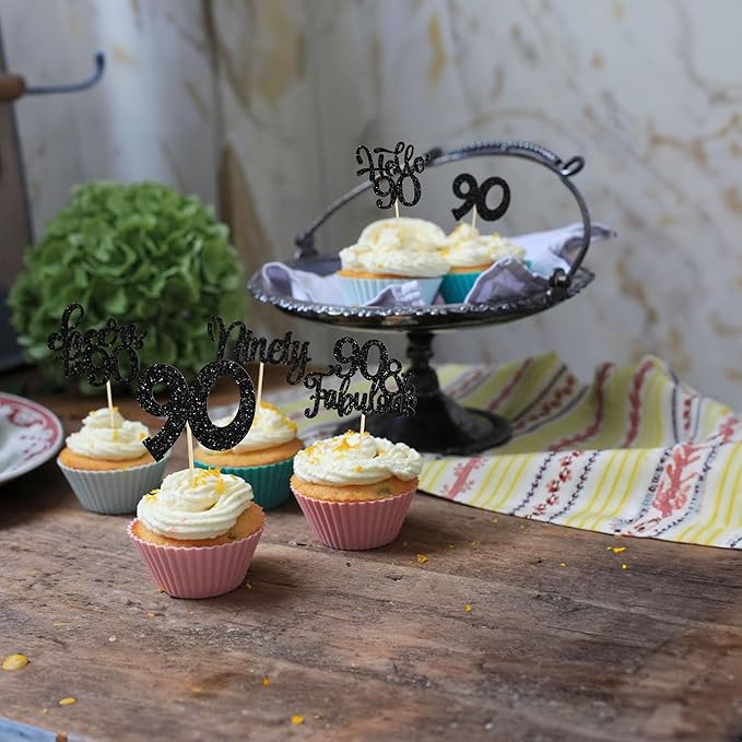Gyufise 30Pcs Happy 90th Birthday Cupcake Toppers Black Glitter Ninety Cheers to 90 Years Old Birthday Cupcake Picks for Happy 90th Birthday Anniversary Party Cake Decorations