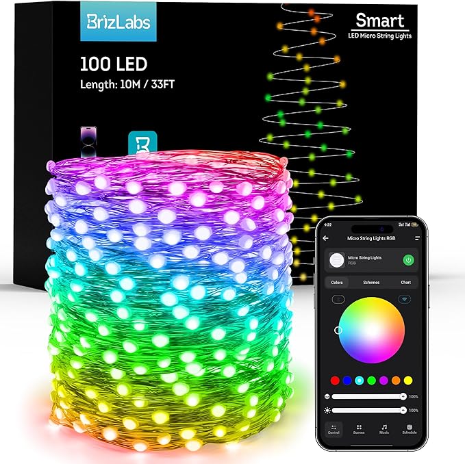 BrizLabs Smart Christmas Fairy Lights, 33ft 100 LED Color Changing Christmas Lights Work with Alexa & Google Home, Rainbow Xmas Light Dimmable Halloween Lighting Green Wire for Xmas Halloween Party