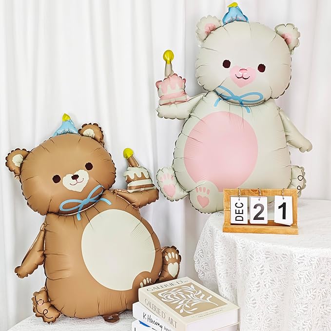 2PCS Matte bear Animal balloon With hat Big Brown bear balloon Holding birthday candle cake bear Foil Balloon for Kids Jungle Safari Zoo Farm Birthday Theme Party Baby Shower Decoration Cream white
