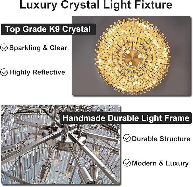 54" Luxury Long Crystal Chandelier for High Ceilings, 21-Light Modern Silver Large Chandeliers for Staircase, Foyer, Entryway, Living Room, Hallway, Contemporary K9 Crystal Tiered Chandelier
