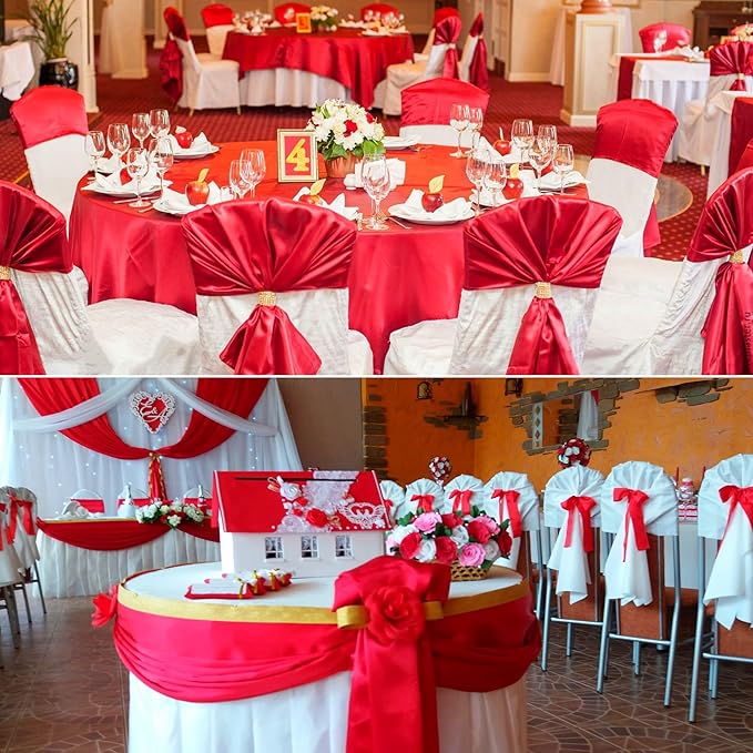 50 PCS Satin Chair Sashes Bows Decorative Universal Chair Cover Chair Ribbon Bows Ties Back Sash for Wedding Party Ceremony Reception Hotel Event Banquet Restaurant Home Kitchen Decor(7 x108inch,Red)
