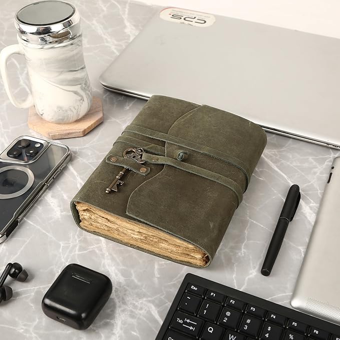 Leather Journal with Lined and Unlined Deckle Edge Paper 8x6 inch and Vintage Key | Handmade Writing Notebook Diary | Bound Daily Notepad for Men & Women Medium, Sketch/Writing pad for Artists
