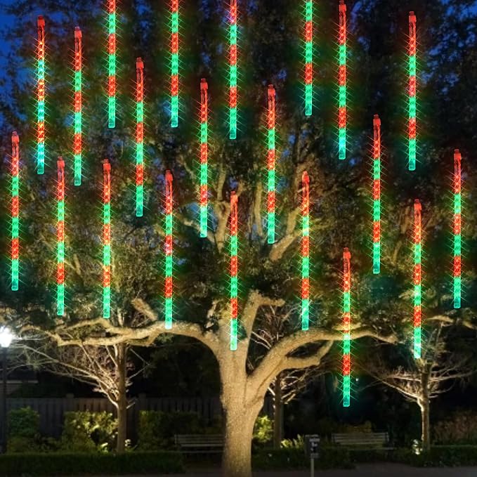 Dazzle Bright Red and Green Christmas Lights, 288 LED 11.8 Inch Meteor Shower Rain Lights with 8 Tubes, Waterproof Plug in Falling Rain Light Christmas Decorations for Xmas Bushes Tree Yard Party