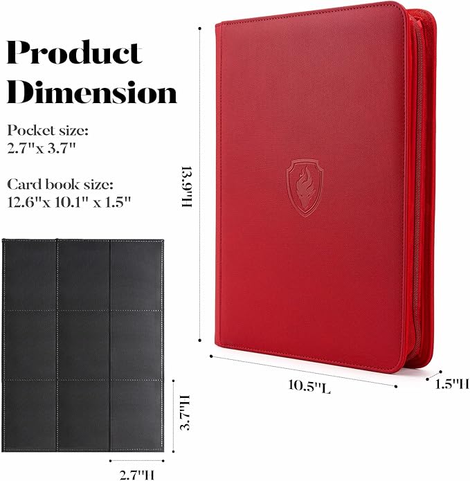 9 Pocket Zipper Card Binder, Fabmaker 360 Trading Card Holder Book, Premium PU Cover Zip Binder for Cards, Durable Side Loading Card Folders Album for MTG, TCG, Game Cards, Sports Cards, Red