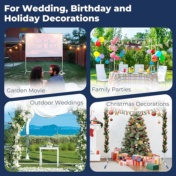 Heavy Duty Backdrop Stand 7*4FT, Extra-Long Adjustable Legs for Backdrop/Wedding Decor, Rustproof & Portable Frame for Party/Event/Home Decoration (White)