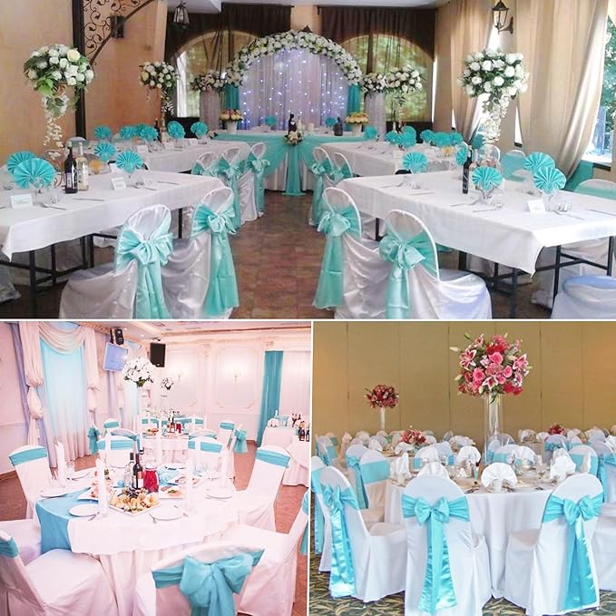 100 PCS Satin Chair Sashes Decorative Bow Chair Sashes Ties Back Ribbon Bow Chairs Cover Band for Wedding Birthday Party Ceremony Reception Event Banquet Hotel Home Kitchen Fall Decor(7 x108inch,Aqua)