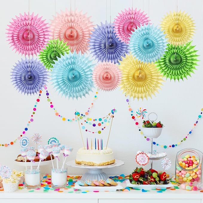 12PCS Paper Fans Pastel Rainbow Colorful Party Decorations Tissue Paper Flowers Decorations for Girl Groovy Birthday Baby Shower Wedding Bachelorette Room Wall Hanging Décor