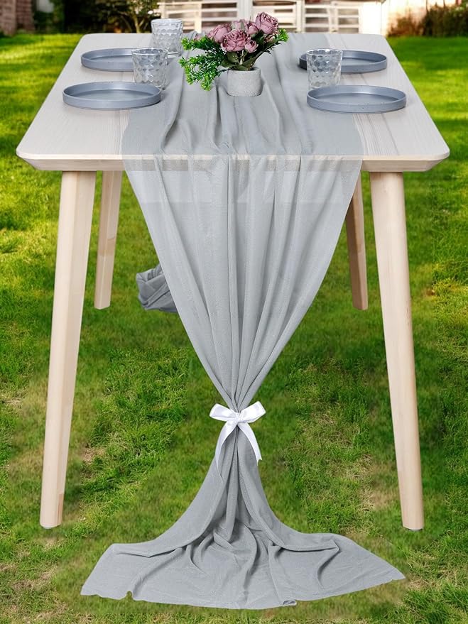 MDS 10 Pack 10ft Chiffon Table Runner 29 x 120 Inches Sheer Wedding Runner Romantic Rustic Table Runner for Wedding Decorations, Birthday Parties, Bridal Shower Party Arch Decor - Gray