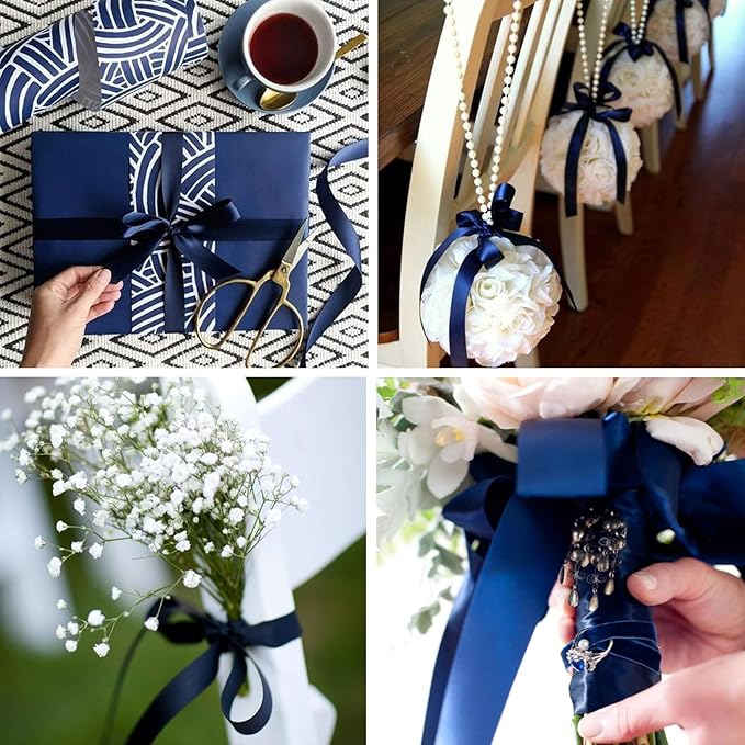 1-1/2" x 50 Yards Navy Blue Satin Ribbon Single Faced Fabric Ribbons for Gift Wrapping, Crafting, Floral Arrangements, Flower Bouquet, Wedding, Home Decor
