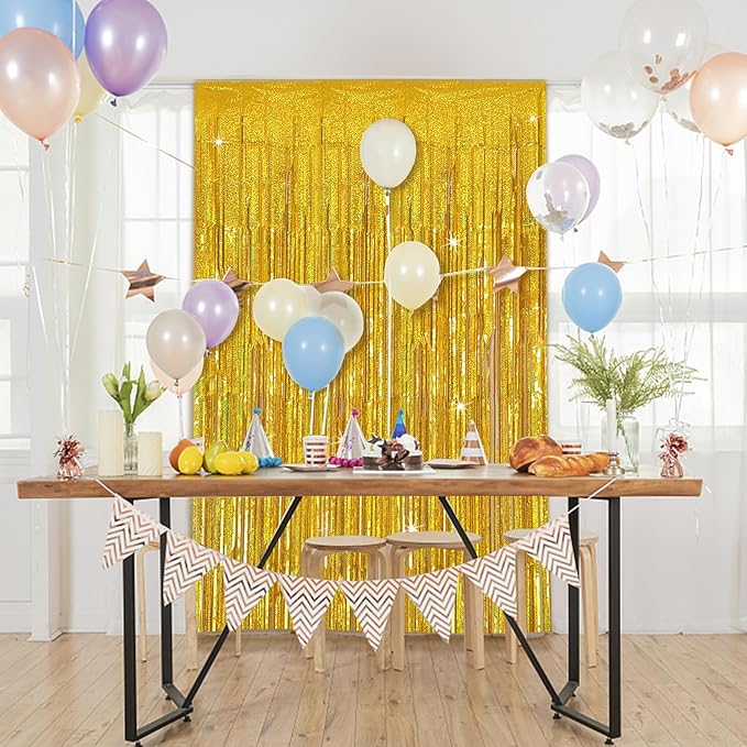 Tinsel Curtain Party Backdrop Gold Birthday Decorations 2 Packs Glitter Foil Fringe Curtain Party Decor Streamers Photo Booth for Birthday Christmas Wedding Halloween Graduation Decorations