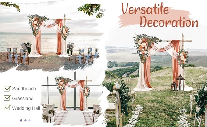 Wedding Arch Flowers with Drapes Kit (Pack of 4) - 2pcs Artificial Terracotta Deluxe Swag with 2pcs Sheer Drapes for Wedding Ceremony Arbor Reception Backdrop Rose Floral Decoration