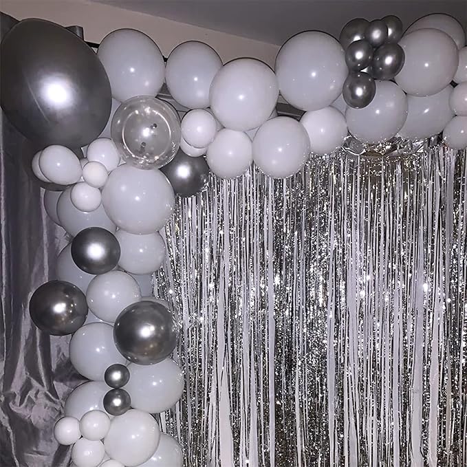 Silver and White Balloons, 12 Inch Metallic Silver White Latex Balloons Set Decor with Silver Confetti Helium Balloons for Boys Girls Birthday Party Baby Shower Wedding Graduation Party Decorations