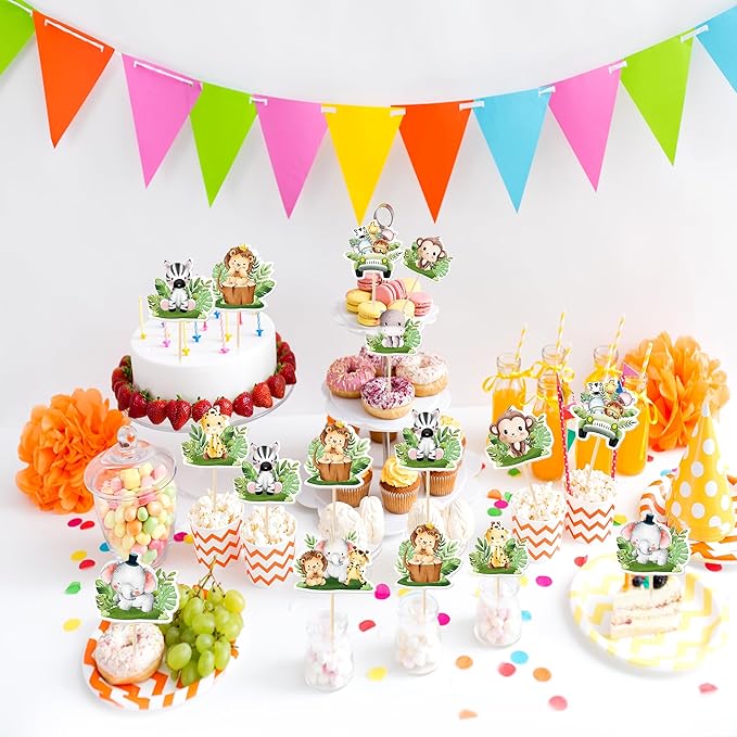 Safari Animal Cupcake Toppers – 24-Pack Jungle Safari Cake & Cupcake Picks with Lion, Elephant, Giraffe, Zebra & Monkey Designs, Party Dessert Decorations for Baby Showers & Birthdays