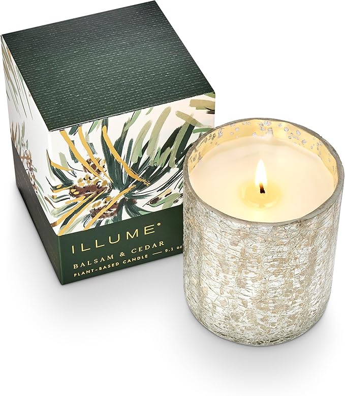 ILLUME Small Boxed Crackle Glass Candle, Balsam & Cedar